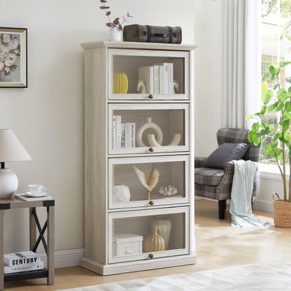 White 4-Tier Tempered Glass Display Cabinet Flip-Up Door Household Collectible Toy Book Storage Showcase Cabinet