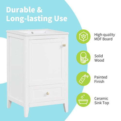 20" Bathroom Vanity with Sink, Bathroom Cabinet with Soft Closing Door, Storage Rack and A Drawer, White
