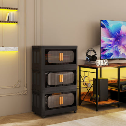 Black 3 Tier Folding Storage Cabinet with Wheels Collapsible Magnetic Door 20 Inch
