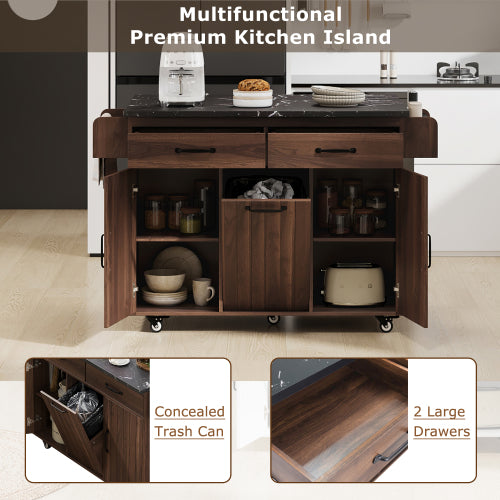 Walnut Brown Rolling Kitchen Island Cart With Trash Can Storage