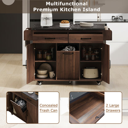 Walnut Brown Rolling Kitchen Island Cart With Trash Can Storage
