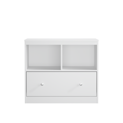 White Kids Storage Cabinet 2 Open Shelves With Full-Width Drawer Anti-Tip Design For Playroom Nursery