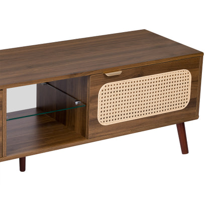 78.7 inch Walnut Rattan TV Stand Soft Close Doors Fits 75/80/85 Inch TV