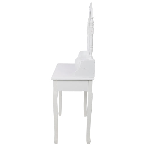 White Princess Vanity Desk Set with Mirror & Cushioned Stool, 4-Drawer Wooden Makeup Vanity Table for Girls' Bedroom, Dressing Table with Ample Storage