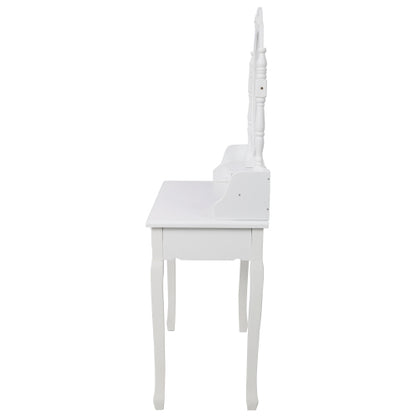 White Princess Vanity Desk Set with Mirror & Cushioned Stool, 4-Drawer Wooden Makeup Vanity Table for Girls' Bedroom, Dressing Table with Ample Storage