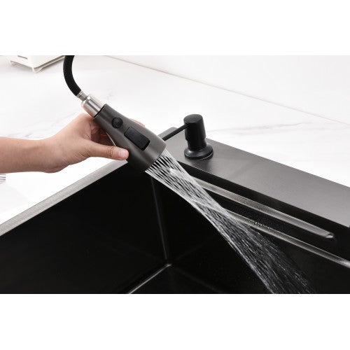 Waterfall Kitchen Sink, Stainless Steel Single Bowl in Black, Multifunctional Workstation with Flying-rain Faucet and Cutting Board, 30×18″ Stainless Steel Single Bowl Sink, LS-SSBL05