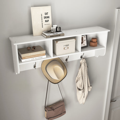 White Entryway Wall Mounted Coat Rack with 4 Dual Hooks Living Room Wooden Storage Shelf