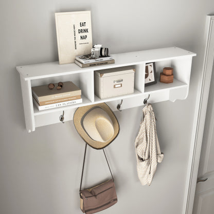White Entryway Wall Mounted Coat Rack with 4 Dual Hooks Living Room Wooden Storage Shelf