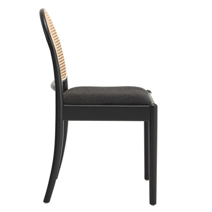 Set of 2 Rattan Dining Chairs with Teddy Upholstered Seat, Wood Legs, Black Kitchen Chairs
