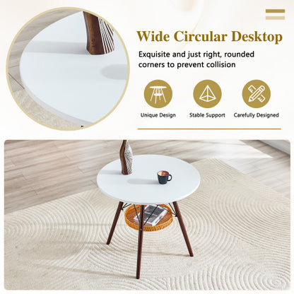 31.5 Inch Round Coffee Table with Woven Basket, White & Walnut