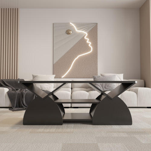 Modern Rectangular Coffee Table with Storage Shelves Engineered Wood Black