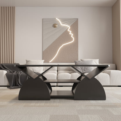 Modern Rectangular Coffee Table with Storage Shelves Engineered Wood Black