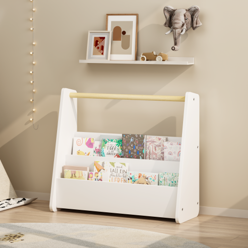 Kids Front-Facing Bookshelf with Wooden Handle 2-Tier White