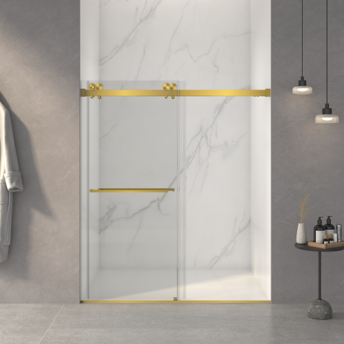 56-60"W x 70"H Frameless Double Sliding Shower Door,5/16" (8mm) Thick SGCC Tempered Clear Glass,Double Side Easy Clean Coat,Brushed Gold Finished With Buffer