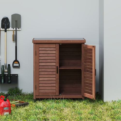 Potting Bench with Storage Cabinet and Metal Table Top for Outdoor Patio, Garden Furniture Wood Workstation Coffee 31.5x17x36''