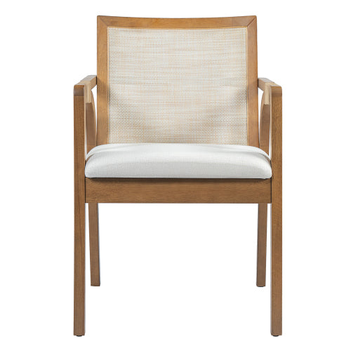 Set of 2 Walnut Rubber Wood Dining Arm Chairs, Textilene Back & PE Rattan Armrest