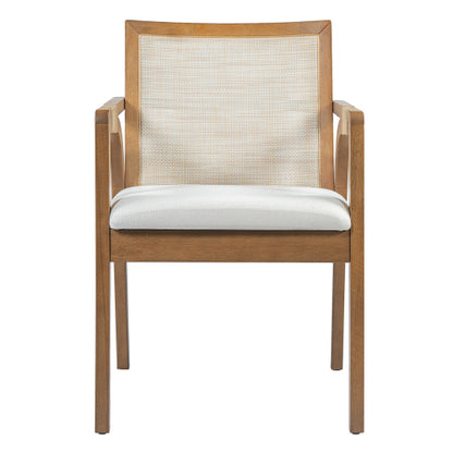 Set of 2 Walnut Rubber Wood Dining Arm Chairs, Textilene Back & PE Rattan Armrest
