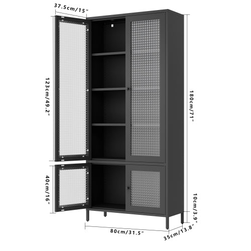 Black Waffle Tempered Glass Door Metal Display Cabinet Multi-layer Home Storage Rack