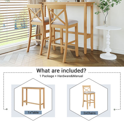 Farmhouse 48inch Rectangular Wood Bar Height Dining Set Kitchen Breakfast Nook with 2 Chairs for Small Places,Natural+Beige