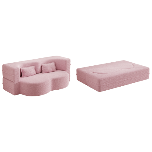 Pink Full-Size Sherpa Fleece Convertible Floor Sofa Bed, 2 Pillows, No Assembly