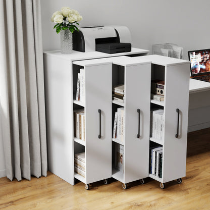 3-Tier Freestanding Pull-Out Door Mobile Bookcase Multi-Grid Storage Cabinet with Universal Wheels