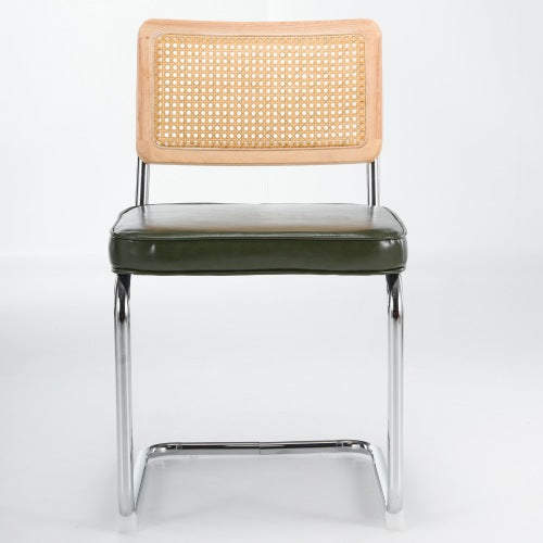 Set of 2 Mid-Century Cane Rattan Dining Chairs, Solid Wood Frame, Olive Faux Leather Seat, Cantilever Chrome Metal Base