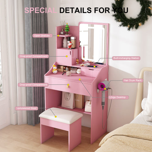 Pink 3-Color LED Vanity Mirror with Stool, 2 Drawers & 5 Storage Cabinets, Charging Station & Hair Dryer Holder