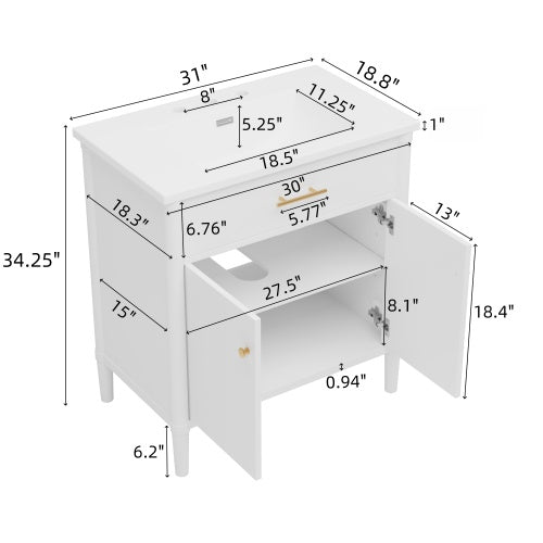 31" Bathroom Vanity with Sink, Bathroom Cabinet with Soft Close Doors and Adjustable Shelf, Curved Profile Design, Rubber Wood Legs, White