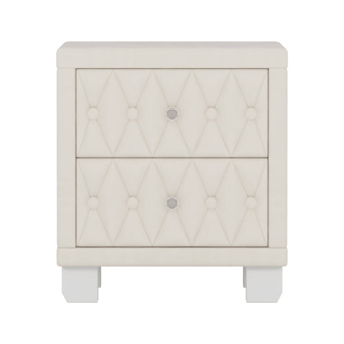 Elegant Velvet Nightstand with 2 Drawers and Crystal Handle, Storage Bedside Table with Button-Tufted, Beige