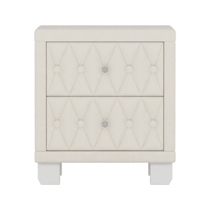 Elegant Velvet Nightstand with 2 Drawers and Crystal Handle, Storage Bedside Table with Button-Tufted, Beige