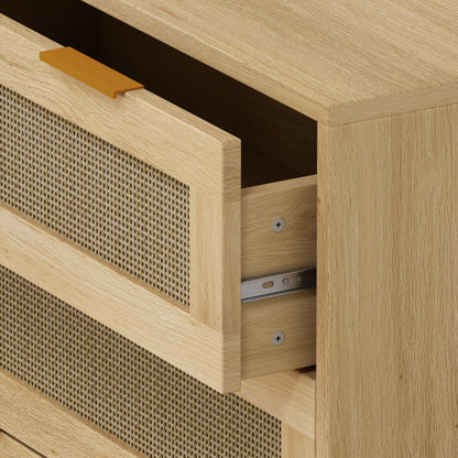 Oak Color 3-Drawer Rattan Storage Cabinet Set of 2 MDF Household Drawer Chest With Iron Handles