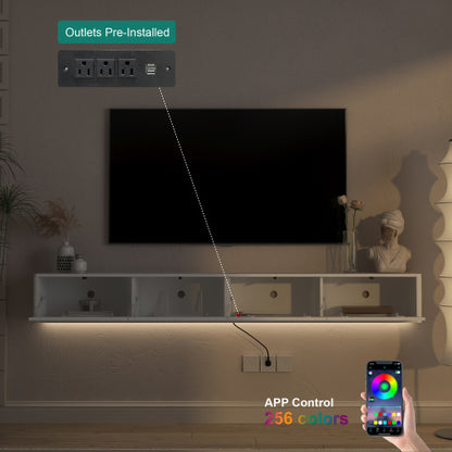 White Floating Wall Mount High Gloss TV Stand with 16 Color LED Lights & Power Outlet