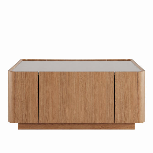 Square Glass Coffee Table Walnut Frame Storage Drawers Modern Living Room Table