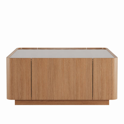 Square Glass Coffee Table Walnut Frame Storage Drawers Modern Living Room Table