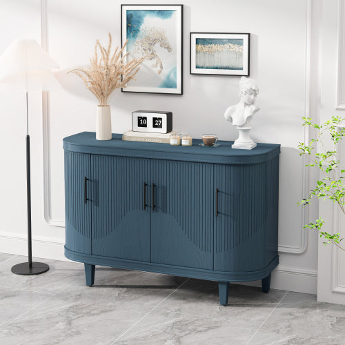 Blue Curved Sideboard 47 Inch Wood Console Cabinet 4 Doors Adjustable Shelves Ash Veneer