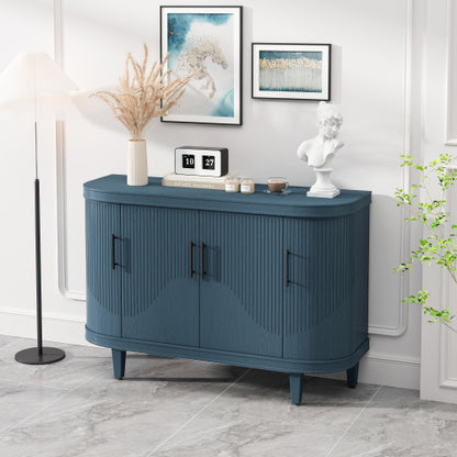 Blue Curved Sideboard 47 Inch Wood Console Cabinet 4 Doors Adjustable Shelves Ash Veneer