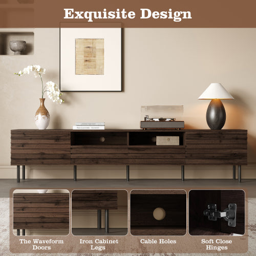 78.7 inch Dark Brown Slatted TV Stand Heavy Iron Leg Entertainment Center Max 85 Inch TV