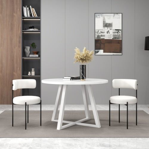 3-Piece Round Dining Set, Trestle Base Table & 2 Boucle Fabric Chairs