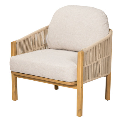 Grotta Outdoor Wood Club Chair, Beige Rope with Beige Cushion