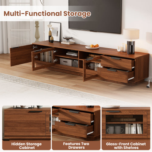78.74 inch Walnut Fluted Glass Door Legless TV Stand 2 Drawer Media Console Supports Up To 85 inch TV