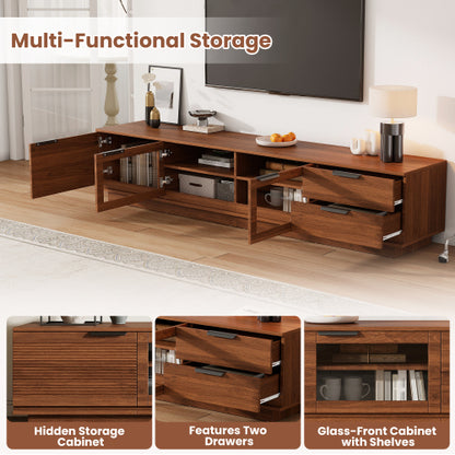 78.74 inch Walnut Fluted Glass Door Legless TV Stand 2 Drawer Media Console Supports Up To 85 inch TV