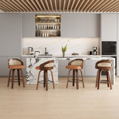 Swivel Bar Stools Set of 2, Modern Wood Frame with Rattan Back, PU Leather Stool for Kitchen Counter, Mid Century Upholstered Barstools with Footrest,Industrial Counter Height Stools