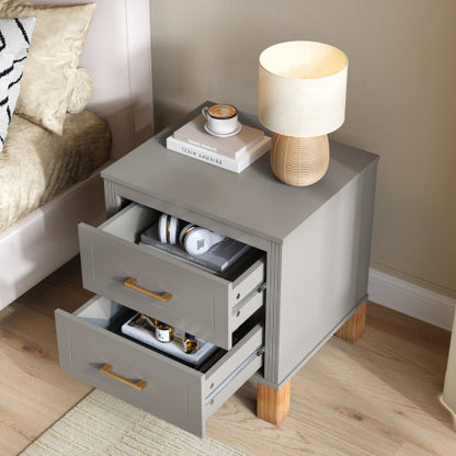 Gray Fluted Nightstand, 2-Drawer Bedside Table with Metal Handles & Solid Wood Legs