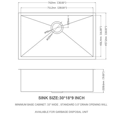 30 Inch Undermount Sink - 30" x 18" x 9" Undermount Stainless Steel Kitchen Sink 16 Gauge 9 Inch Deep Single Bowl Kitchen Sink Basin, Includes Drain Assembly (No Additional Accessories)