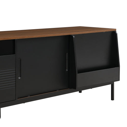 Mid Century Modern 75 Inch TV Stand with Sliding Doors Walnut Console