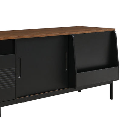 Mid Century Modern 75 Inch TV Stand with Sliding Doors Walnut Console