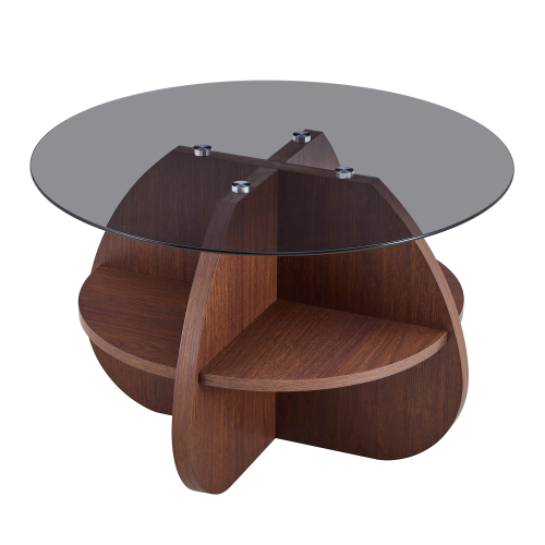 29.5inch  Round Cross-Structure Glass Coffee Table, Walnut Fan-Shaped Storage Base