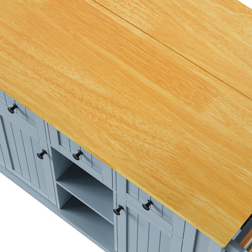 53inch Large Kitchen Island with 2 Bar Stools,Power Outlet,Door Internal Storage Rack,Kitchen Storage Cart on 5 Wheels with Drop Leaf,5 Open Side Racks,3 Drawers,Grey Blue (Three Packages)