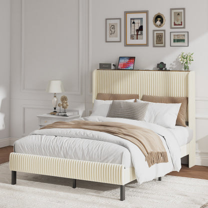 Full Size Platform Bed , Metal Bed Frame with Charging Station, No Box Spring Needed, (Beige), Noise Free,Easy Assemble.
