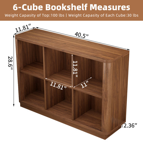 40 Inch Wide 6-Cube Curved Edge Low Horizontal Farmhouse Bookcase